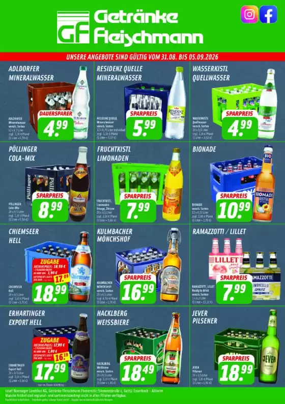 Getränke Fleischmann Katalog | UNSERE ANGEBOTE SIND GÜLTIG ` ! | 2026-08-31T00:00:00.000Z - 2026-09-05T00:00:00.000Z