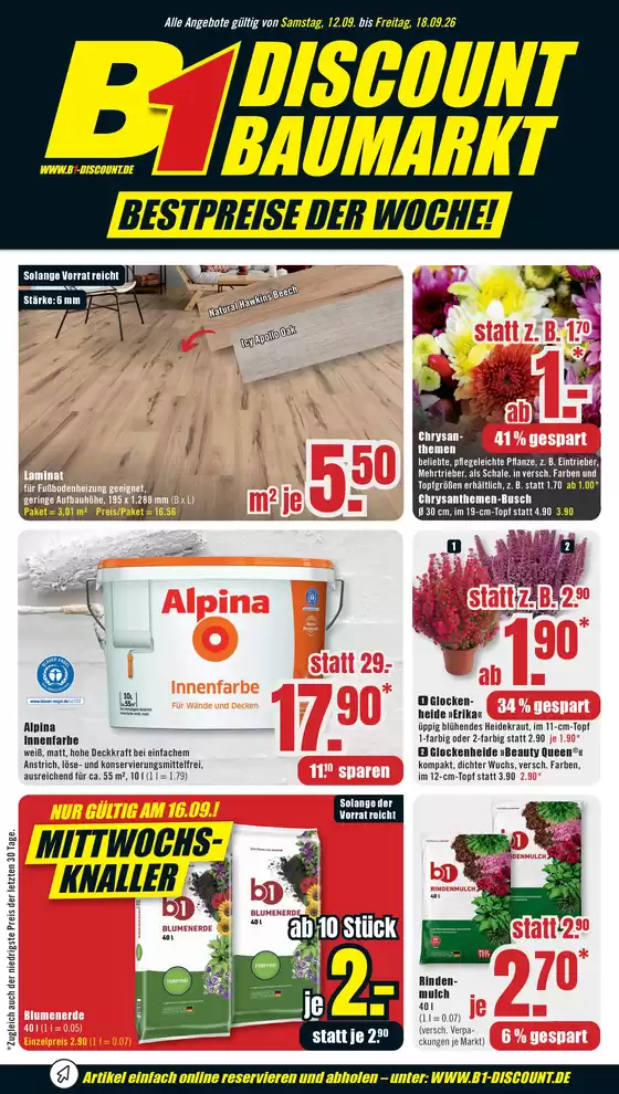 B1 Discount Baumarkt Katalog | B1 Discount Baumarkt flugblatt | 2026-09-12T00:00:00.000Z - 2026-09-18T00:00:00.000Z