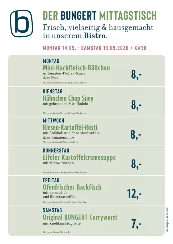 BUNGERT Katalog | BUNGERT Mittagstisch KW38 2026 | 2026-09-14T00:00:00.000Z - 2026-09-19T00:00:00.000Z