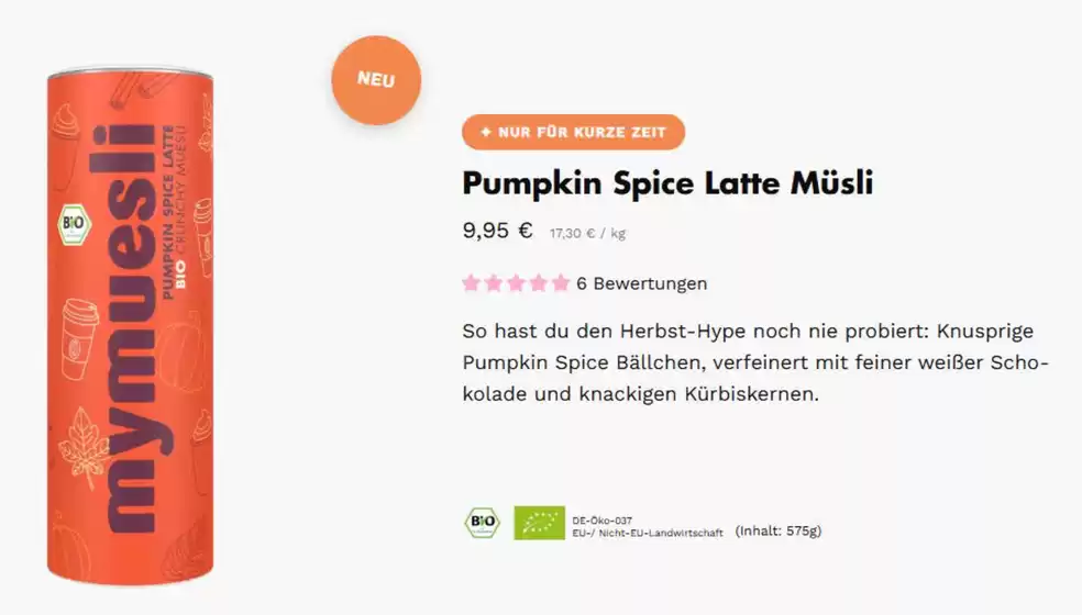 mymuesli Katalog | Pumpkin Spice Latte Musli | 2026-09-16T00:00:00.000Z - 2026-10-02T00:00:00.000Z