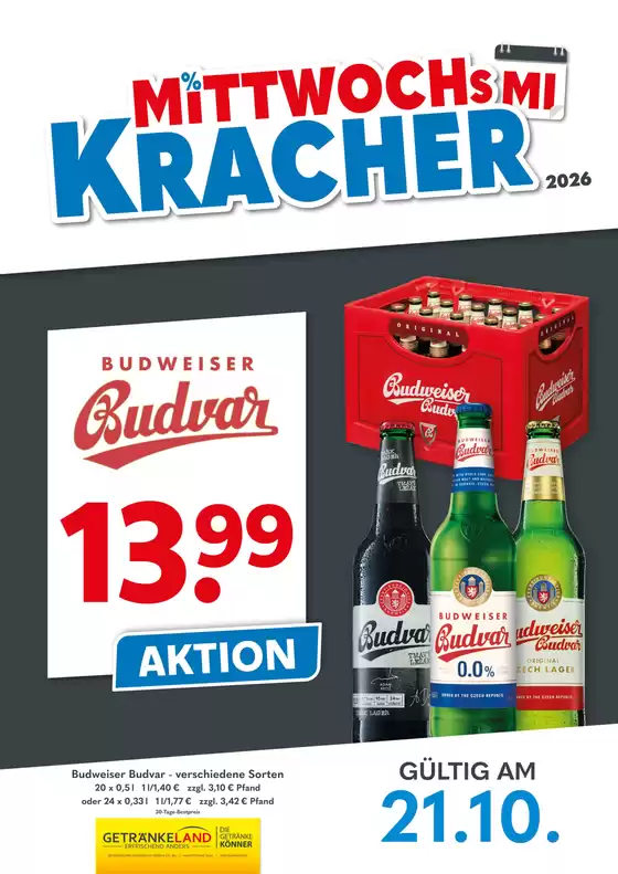 Getränkeland Prospekt in Beratzhausen | Mittwochskracher Budweiser 43 2026 | 2026-10-21T00:00:00.000Z - 2026-10-21T00:00:00.000Z