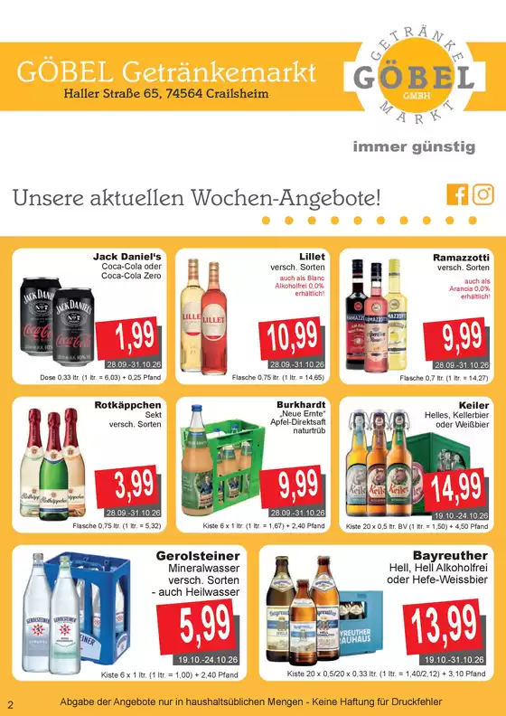 Getränke Göbel Katalog in Karlsruhe | Top-Angebote für alle Schnäppchenjäger | 2026-09-28T00:00:00.000Z - 2026-10-31T00:00:00.000Z