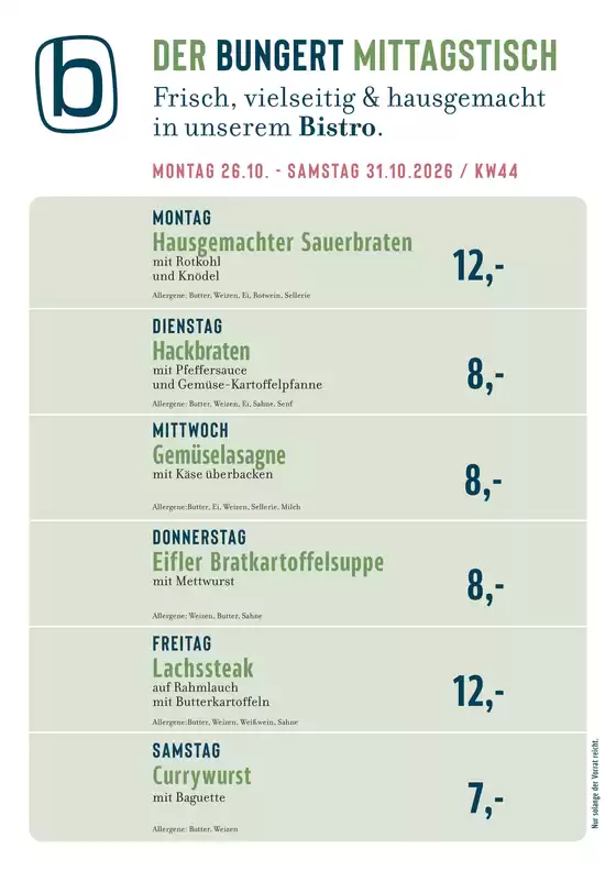 BUNGERT Katalog | BUNGERT Mittagstisch KW44 2026 | 2026-10-26T00:00:00.000Z - 2026-10-31T00:00:00.000Z