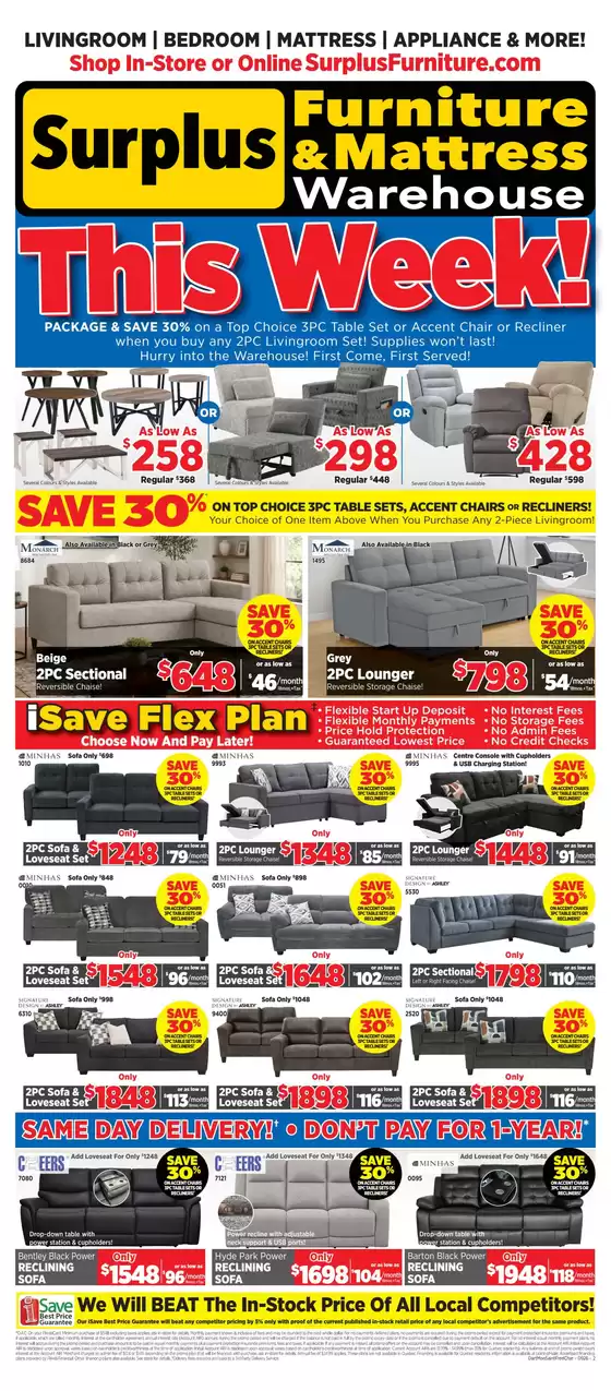 Surplus Furniture catalogue | Save 30% on top choice 3pc table sets, accent chairs or recliners! | 2026-08-31T00:00:00.000Z - 2026-09-06T00:00:00.000Z