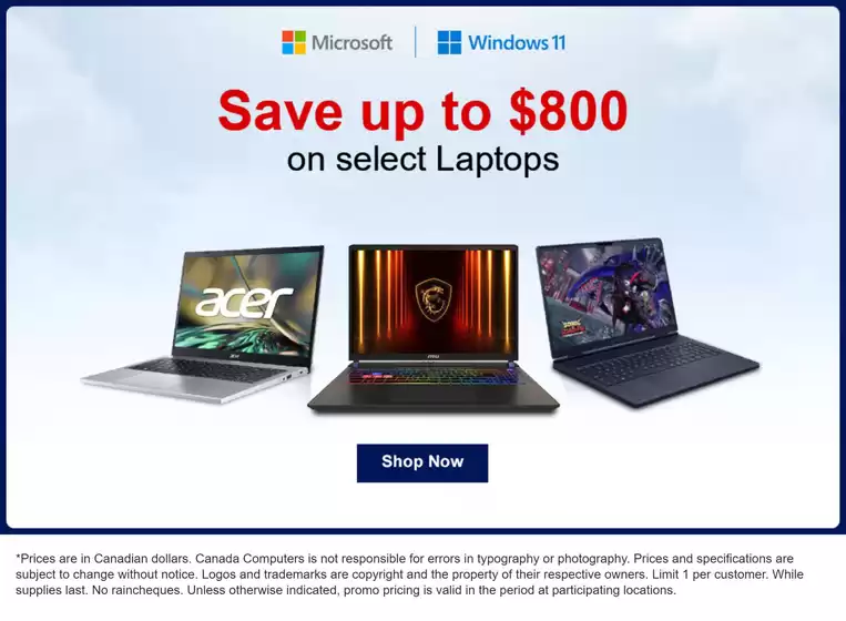 Canada Computers catalogue in Beauharnois | Save up to $800 on select Laptops | 2026-09-24T00:00:00.000Z - 2026-09-24T00:00:00.000Z