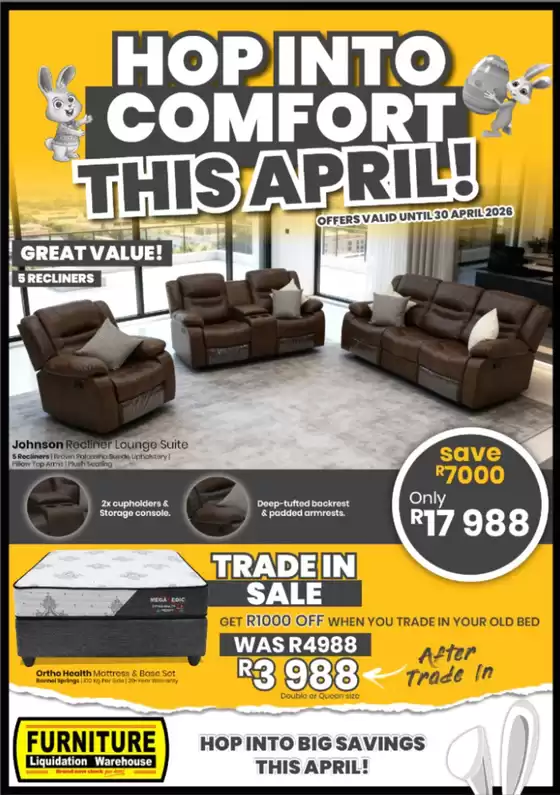Furniture Liquidation Warehouse catalogue in Jeffreys Bay | Hop Into Comfort This April! | 2026-04-01T00:00:00.000Z - 2026-04-30T00:00:00.000Z
