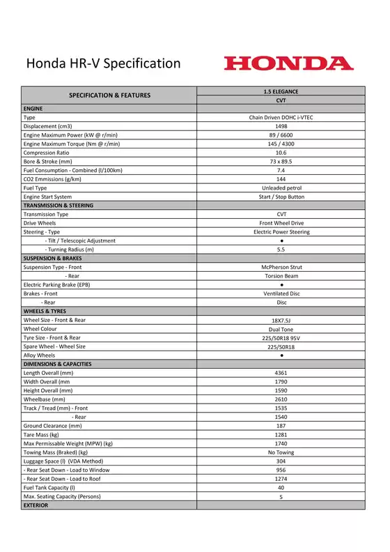 Honda catalogue | HR V Spec Sheet May 2025 | 2026-09-03T00:00:00.000Z - 2026-09-17T00:00:00.000Z