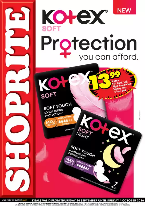 Shoprite catalogue | Shoprite Kotex Personal Care Essentials 24 September - 4 October | 2026-09-23T00:00:00.000Z - 2026-10-04T00:00:00.000Z