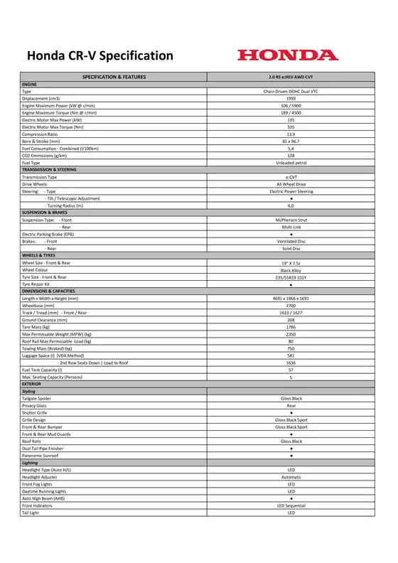 Honda catalogue in Elim | HONDA 26MY CR V HEV Specification Sheet | 2026-10-14T00:00:00.000Z - 2026-10-28T00:00:00.000Z
