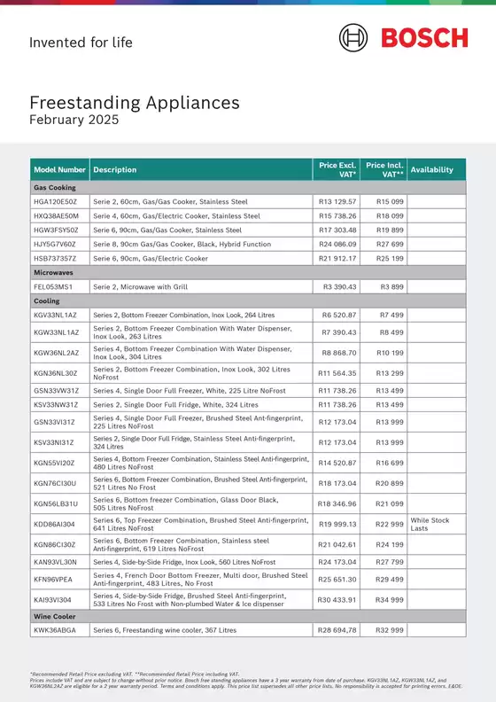 Bosch Condensed Freestanding Price List 2025