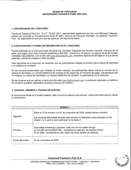 Catálogo Fashion's Park | Bases de Concurso Aniversario FSP 2026 | 2026-10-15T00:00:00.000Z - 2026-11-01T00:00:00.000Z