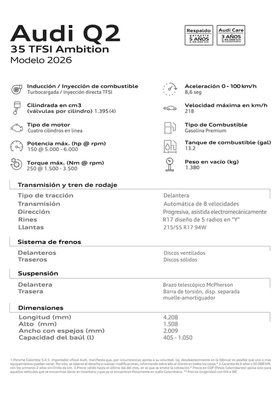 Catálogo Audi en Curumaní | Q2 Ficha tecnica 2026 | 2025-12-02T00:00:00.000Z - 2025-12-31T00:00:00.000Z