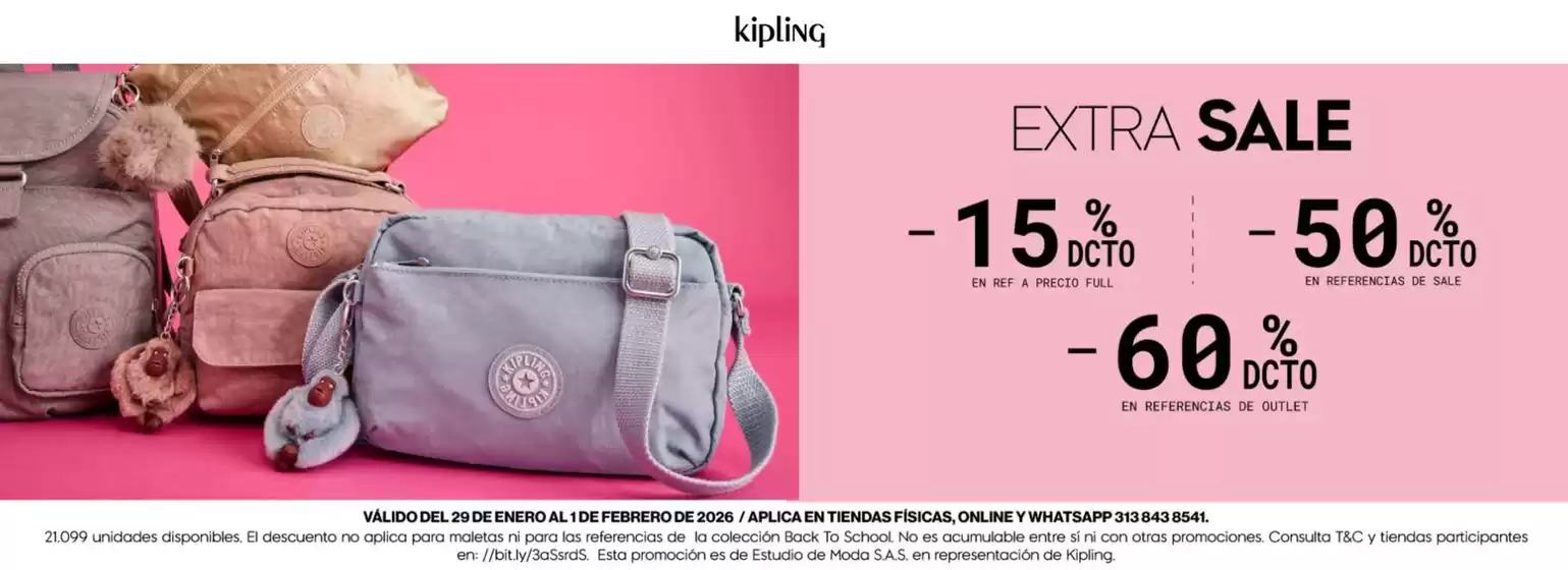 Catálogo Kipling en Boyacá | Extra Sale -15% DTO en Ref. a precio Full, -50% OFF en Ref. de Sale, -60% OFF en Ref. de Outlet | 2026-01-30T00:00:00.000Z - 2026-02-01T00:00:00.000Z