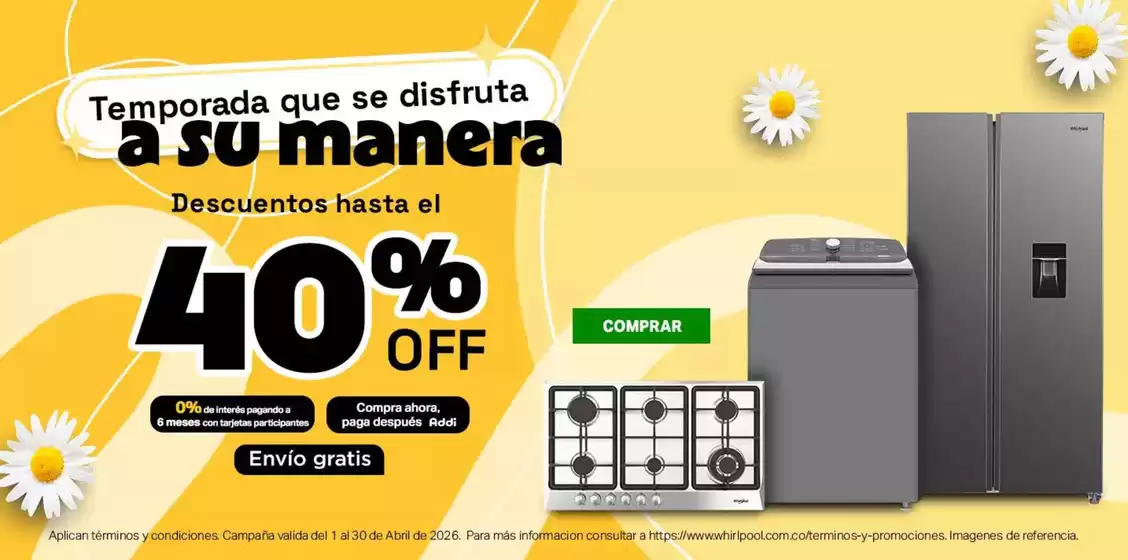 Catálogo Whirlpool en Bello | Descuentos hasta el 40% off | 2026-04-20T00:00:00.000Z - 2026-04-30T00:00:00.000Z