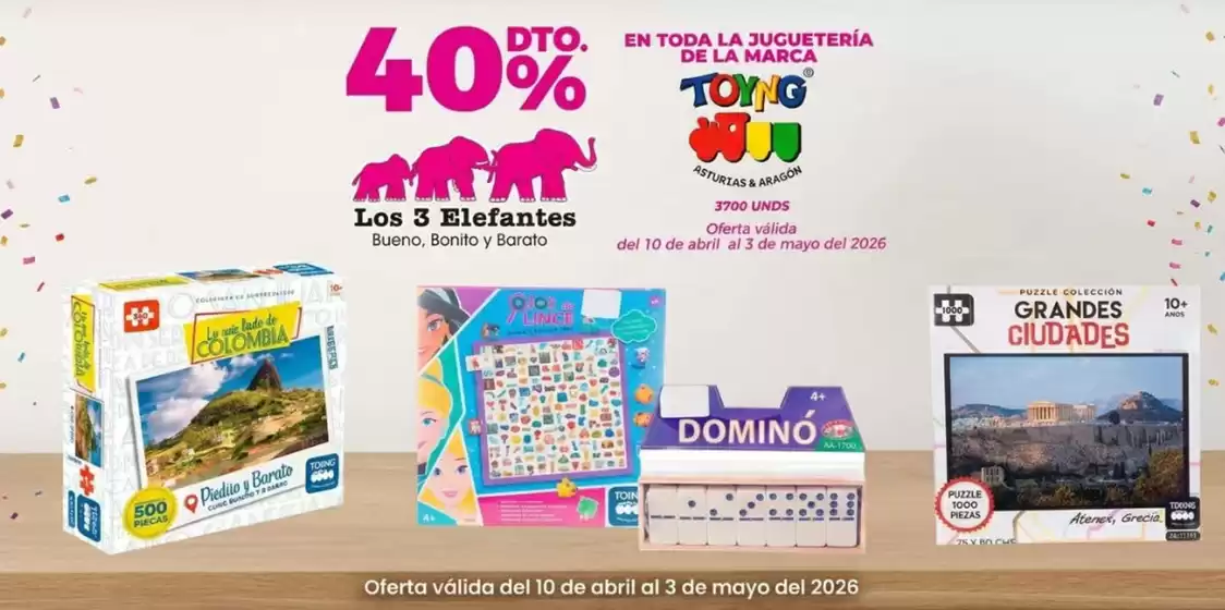 Catálogo Los Tres Elefantes en Campohermoso | 40% OFF en toda la jugueteria de la marca Toyng | 2026-04-30T00:00:00.000Z - 2026-05-03T00:00:00.000Z