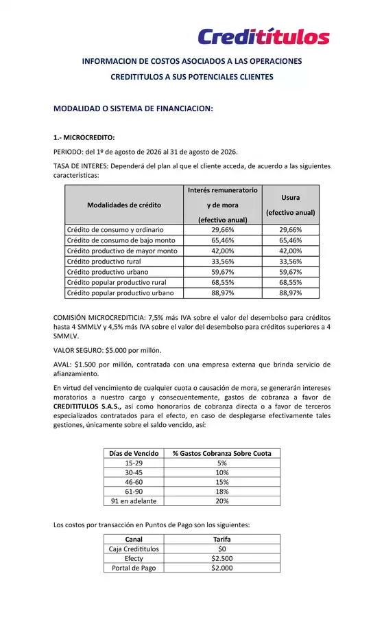 Catálogo Credititulos | Tarifas y Tasas de Interés Agosto de 2026 | 2026-08-12T00:00:00.000Z - 2026-08-31T00:00:00.000Z