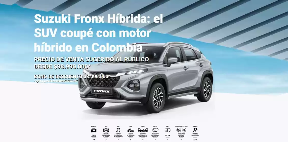 Catálogo Suzuki | Suzuki Fronx Híbrida precio de venta sugerido al público desde $98.990.000* | 2026-08-27T00:00:00.000Z - 2026-08-31T00:00:00.000Z