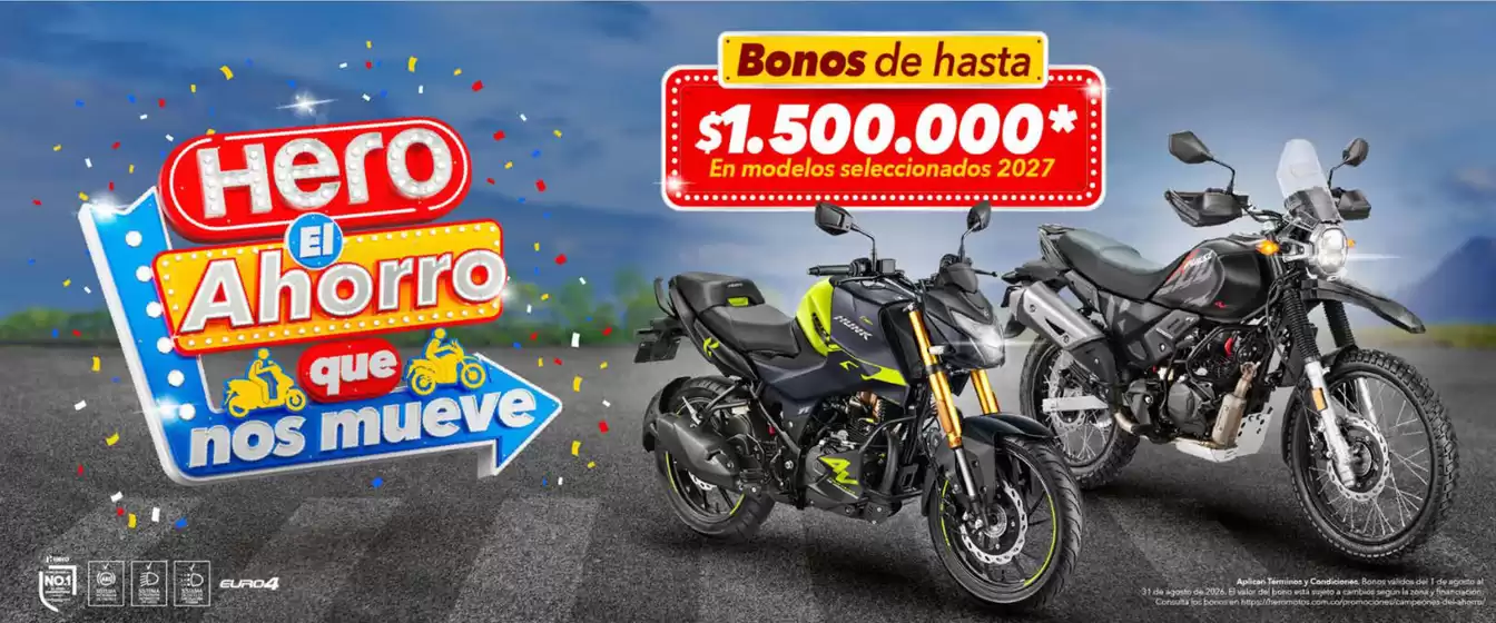 Catálogo Hero Motos | Bonos de hasta $1.500.000* en modelos seleccionados 2027 | 2026-08-27T00:00:00.000Z - 2026-08-31T00:00:00.000Z