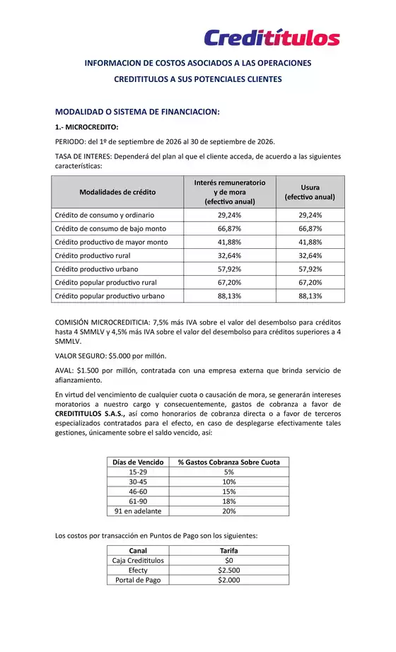 Catálogo Credititulos | Tarifas y Tasas Septiembre de 2026 | 2026-09-03T00:00:00.000Z - 2026-09-30T00:00:00.000Z