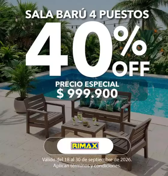 Catálogo Rimax en Bogotá | Sala Barú 4 Puestos 40% OFF | 2026-09-23T00:00:00.000Z - 2026-09-30T00:00:00.000Z