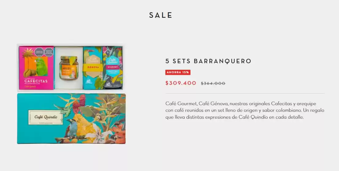 Catálogo Café Quindío | Sale 5 Sets Barranquero 15% OFF | 2026-10-12T00:00:00.000Z - 2026-10-21T00:00:00.000Z