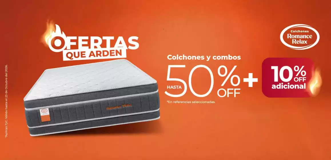Catálogo Colchones Romance Relax | Ofertas que arden Hasta 50% OFF + 10% OFF adicional | 2026-10-19T00:00:00.000Z - 2026-10-23T00:00:00.000Z