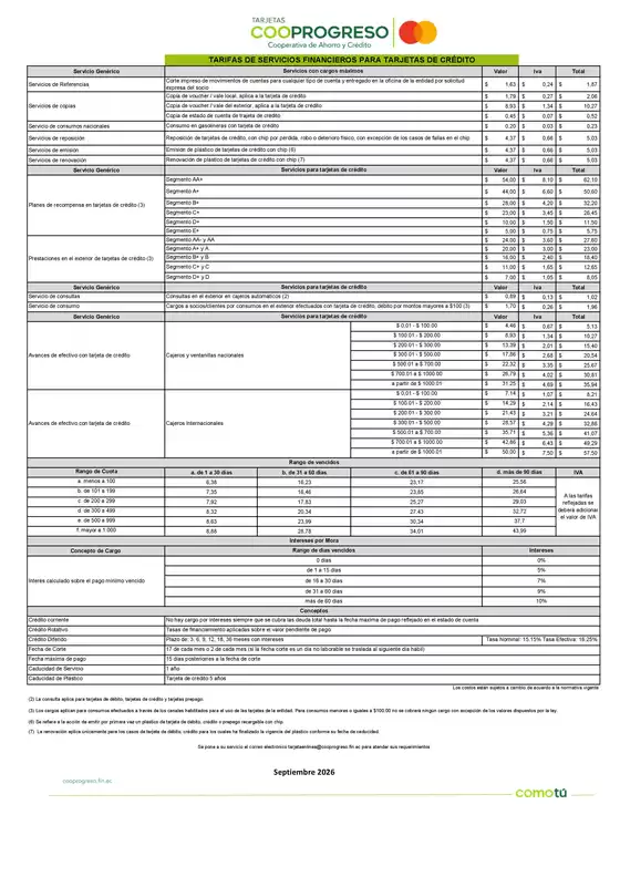 Catálogo Cooprogreso en Riobamba | Costos Financieros - Costos asociados a tarjeta de crédito | 2026-09-01T00:00:00.000Z - 2026-09-30T00:00:00.000Z