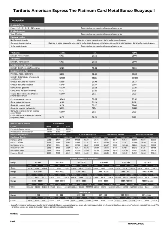 Catálogo Banco Guayaquil | Tarifario American Express | 2026-06-09T00:00:00.000Z - 2026-06-30T00:00:00.000Z