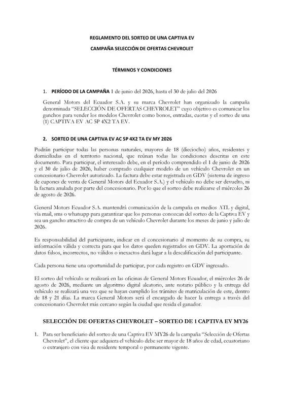 Catálogo Chevrolet | REGLAMENTO SORTEO CAPTIVA EV SELECCIÓN DE OFERTAS CHEVROLET | 2026-01-01T00:00:00.000Z - 2026-12-31T00:00:00.000Z