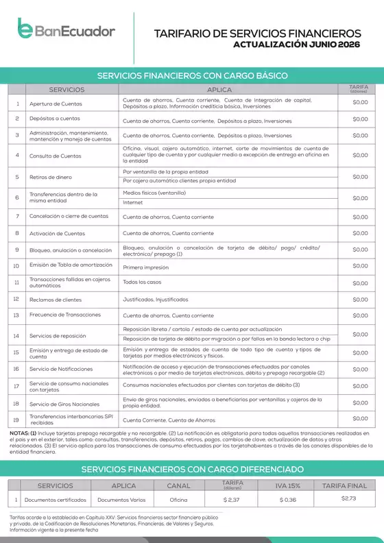 Catálogo Banecuador en Espíndola | TARIFARIO DE SERVICIOS FINANCIEROS | 2026-07-14T00:00:00.000Z - 2026-09-30T00:00:00.000Z