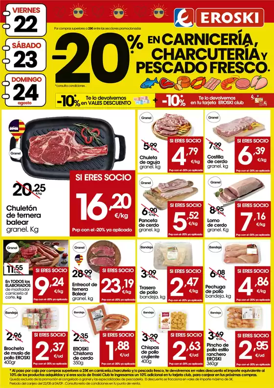 Catálogo Eroski en Chiclana de la Frontera | 20% en carnicería, charcutería y pescado fresco | 2025-08-22T00:00:00.000Z - 2025-08-24T00:00:00.000Z