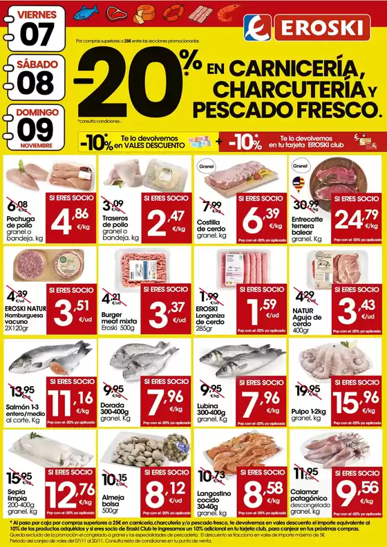 Catálogo Eroski en Tarragona | -20% en carne, charcu y pescado fresco | 2025-11-07T00:00:00.000Z - 2025-11-09T00:00:00.000Z