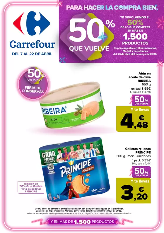 Catálogo Carrefour en La Mata (Alicante) | 50% QUE VUELVE + 3x2 | 2026-04-07T00:00:00.000Z - 2026-04-22T00:00:00.000Z