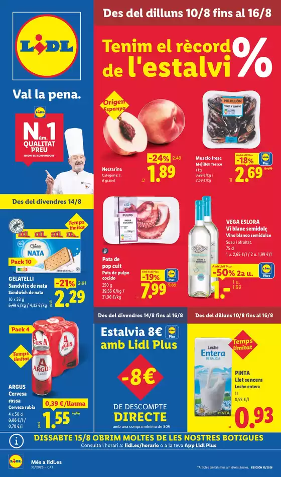 Catálogo Lidl en Olivella | № 1 PRECIO - Ofertas válidas del 10/08 al 16/08 | 2026-08-10T00:00:00.000Z - 2026-08-16T00:00:00.000Z