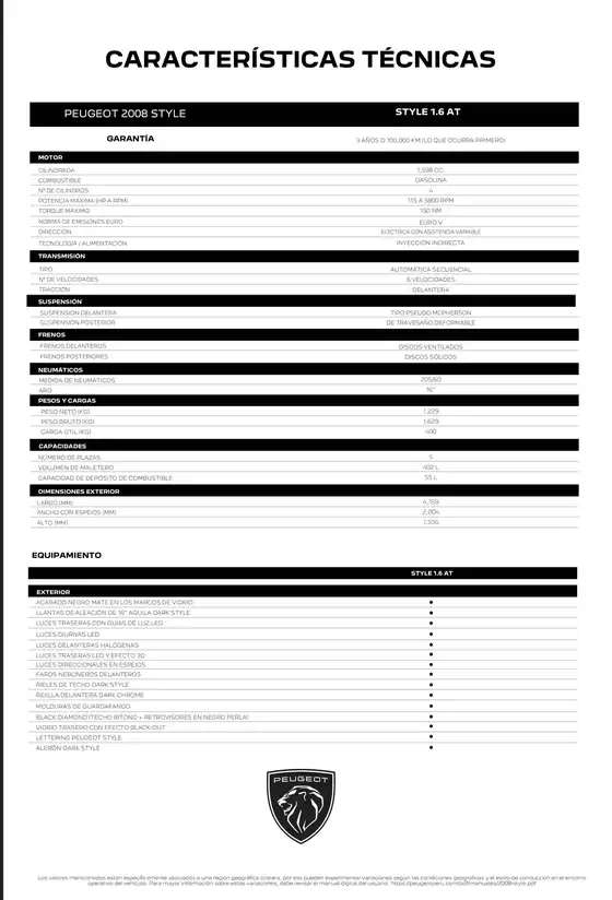 Ficha técnica PEUGEOT 2008 STYLE