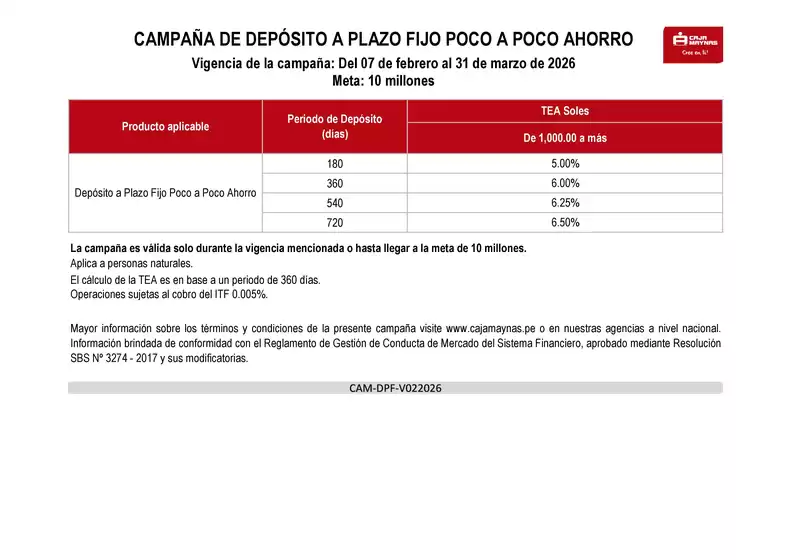 Catálogo Caja Maynas | CAMPAÑA DE DEPÓSITO A PLAZO FIJO POCO A POCO AHORRO | 2026-03-05T00:00:00.000Z - 2026-03-31T00:00:00.000Z