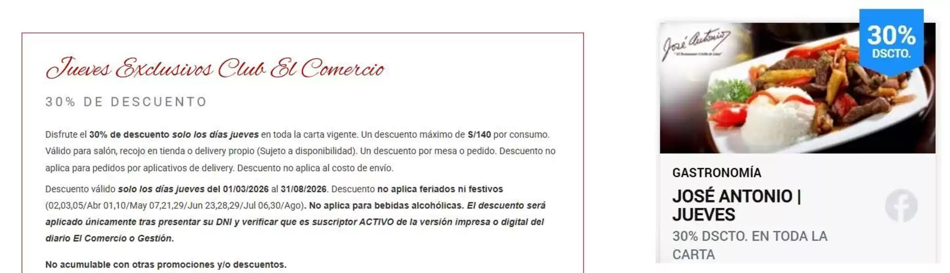 Catálogo José  Antonio Restaurante | Jueves exlusivos club el comercio  | 2026-04-21T00:00:00.000Z - 2026-08-31T00:00:00.000Z