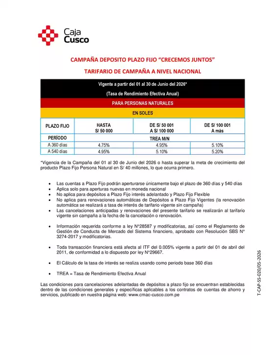 Catálogo Caja Municipal Cusco | TARIFARIO DE CAMPAÑA A NIVEL NACIONAL | 2026-06-03T00:00:00.000Z - 2026-06-30T00:00:00.000Z