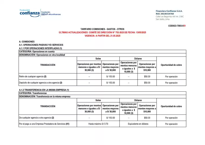 Catálogo Financiera Confianza en Trujillo | Tarifario comisiones  | 2025-08-13T00:00:00.000Z - 2025-12-31T00:00:00.000Z