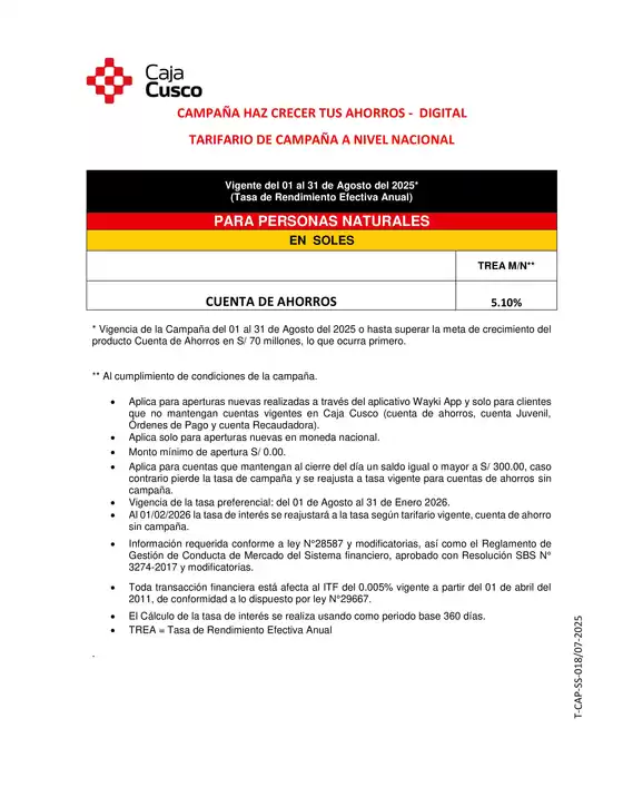 Catálogo Caja Municipal Cusco | Tarifario de campana a nivel nacional  | 2025-08-19T00:00:00.000Z - 2025-08-31T00:00:00.000Z