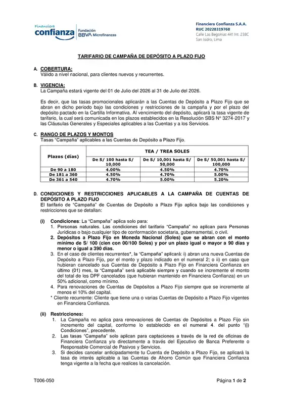 Catálogo Financiera Confianza | Tarifario campana | 2026-07-02T00:00:00.000Z - 2026-07-31T00:00:00.000Z