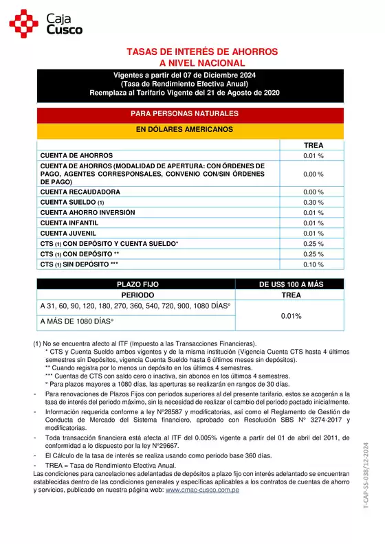 Catálogo Caja Municipal Cusco | Tarifario a nivel nacional  | 2025-09-02T00:00:00.000Z - 2025-12-07T00:00:00.000Z