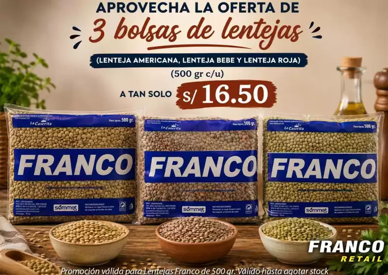 Catálogo Franco Supermercado | Aprovecha la oferta de 3 bolsas de lentejas | 2026-08-28T00:00:00.000Z - 2026-09-19T00:00:00.000Z