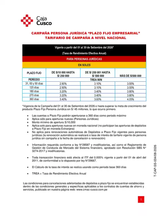 Catálogo Caja Municipal Cusco | TARIFARIO DE CAMPAÑA A NIVEL NACIONAL | 2026-09-03T00:00:00.000Z - 2026-09-30T00:00:00.000Z