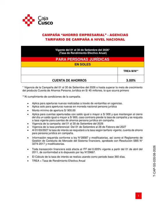 Catálogo Caja Municipal Cusco | TARIFARIO DE CAMPAÑA A NIVEL NACIONAL! | 2026-09-03T00:00:00.000Z - 2026-09-30T00:00:00.000Z