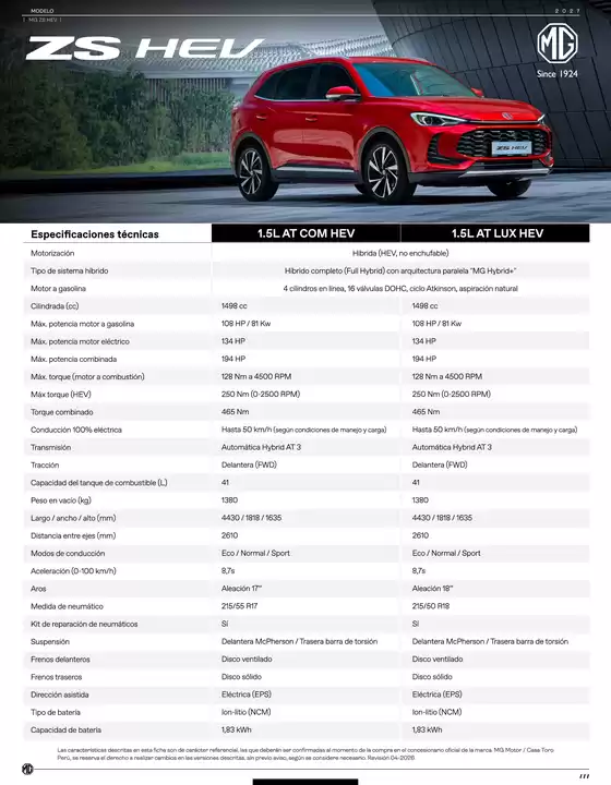 Catálogo MG | Ficha tecnica MG ZS HEV MG Peru 097e8b9a0e | 2026-01-01T00:00:00.000Z - 2026-12-31T00:00:00.000Z