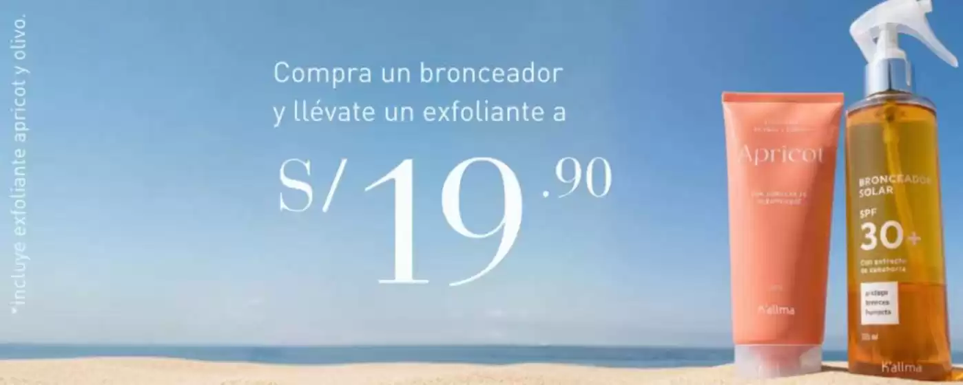 Catálogo K'Allma | Compra un bronceador y llevate un exfoliante a S/19.90 | 2026-09-14T00:00:00.000Z - 2026-10-14T00:00:00.000Z