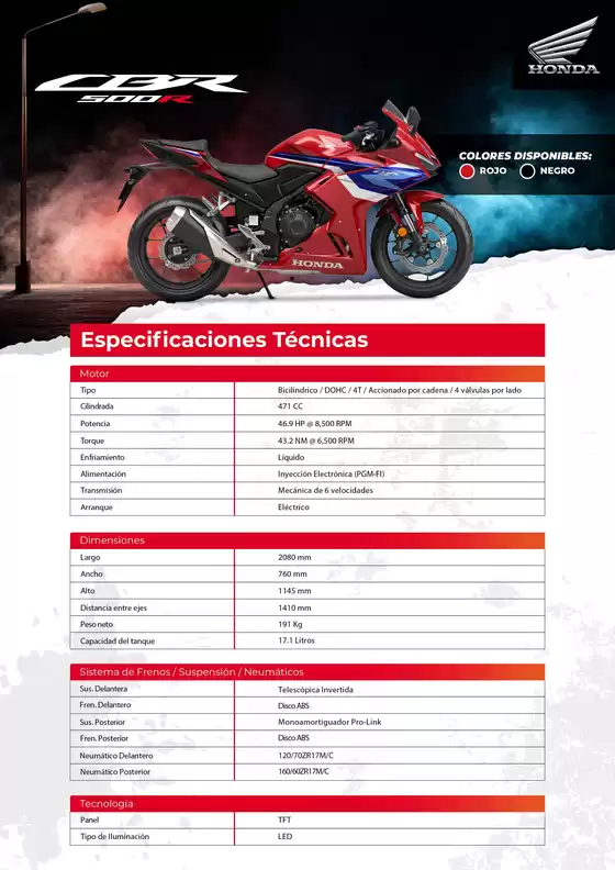 Catálogo Honda en Bagua | Honda CBR500R | 2026-09-15T00:00:00.000Z - 2026-09-29T00:00:00.000Z