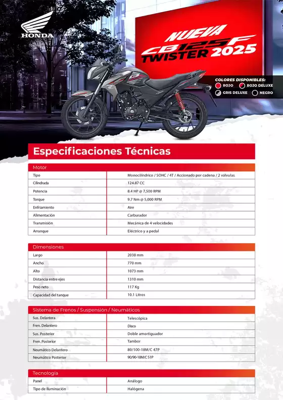 Catálogo Honda | Honda CB125F TWISTER | 2026-09-15T00:00:00.000Z - 2026-09-29T00:00:00.000Z