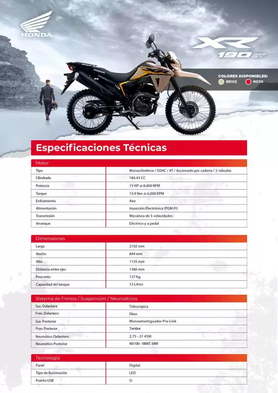 Catálogo Honda | Honda XR190CT | 2026-09-15T00:00:00.000Z - 2026-09-29T00:00:00.000Z